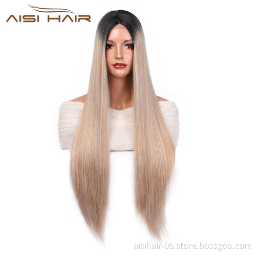Aisi Hair New Design Long Silky Straight Wigs Ombre Blonde Swiss Lace Wig Synthetic Hair Lace Frontal Wigs For Black Women